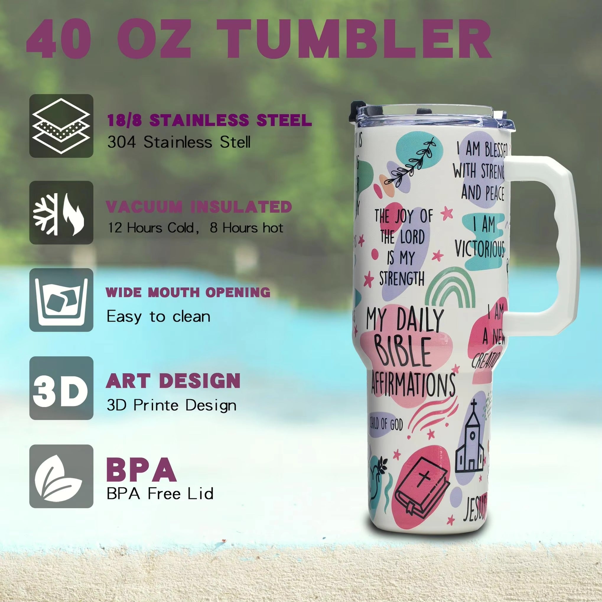 Bible Verse 40oz Christian Tumbler with Handle and Straw, Vacuum Insulated Stainless Steel Cup, Gift for Friend