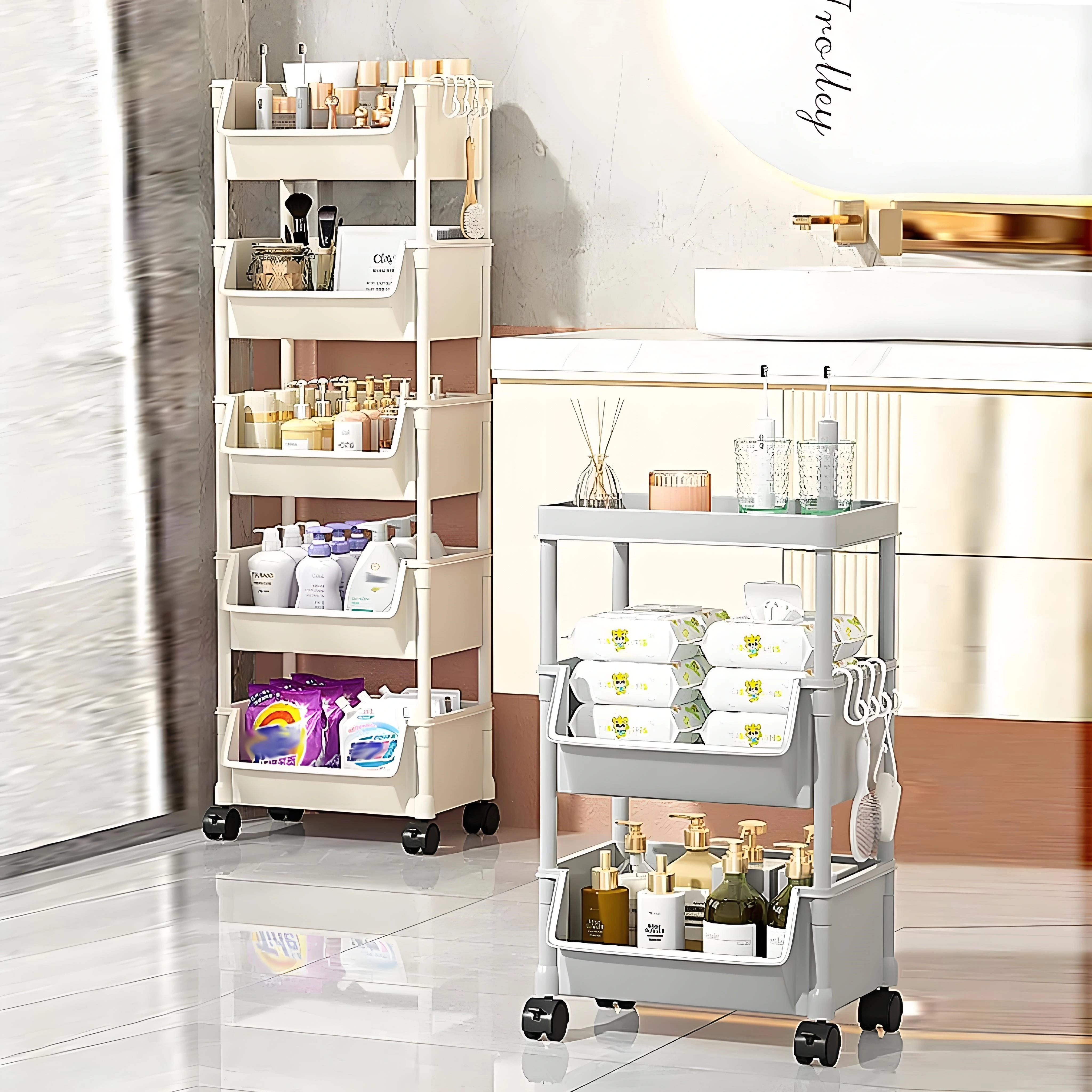 5-Tier Slim Rolling Storage Cart | Mobile Organizer with Slide-Out Trays | Space-Saving for Bathroom Laundry & Kitchen